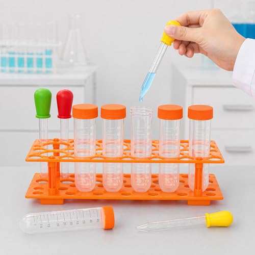 ZENFUN 12 Pieces Jumbo Test Tubes with Stand, Plastic Test Tubes for Primary Science, 5 Pieces Jumbo Test Tubes, 6 Pieces Liquid Droppers Silicone and 1 Piece Storage Stand, Multi-Color