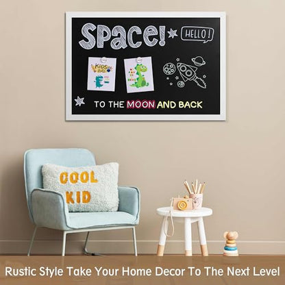 Rustic Wood Framed Magnetic Chalkboard 24 x 36, Large Hanging Chalk Board Sign for Kids, Non-Porous Wall Blackboard for Wedding Kitchen Restaurant Menu and Home with 4 Unique Magnets, White - color: White