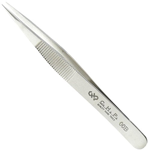 Hakko CHP 00B-SA Fine-Tip Tweezers, Straight, Fine-Point Tips, Non-Magnetic Stainless Steel, Corrosion-Resistant, Serrated Grip, 4-1/2" Length, Silver