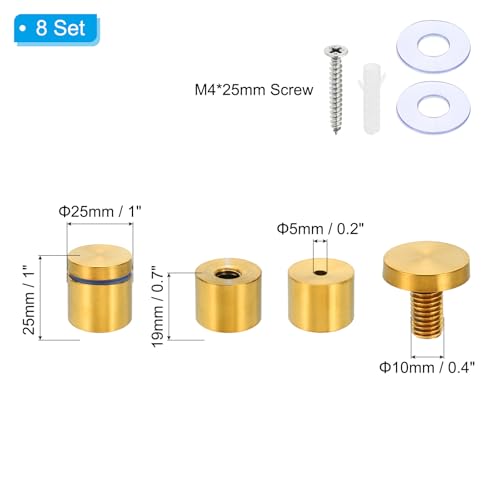 PATIKIL 1 x 1 Inch Sign Standoff Screws, 8 Set Stainless Steel Wall Standoff Mounting Hardware Advertising Glass Nail for Hanging Acrylic Picture Frame Acrylic Panel, Gold - color: Gold, size: 1 x 1 Inch