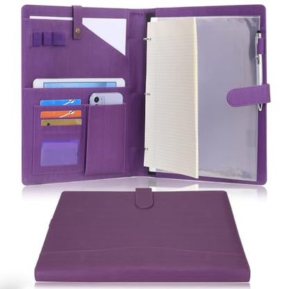 Wonderpool A4 PU Leather Portfolio Holder Ring File Document Case with Removable Binder Clipboard, Multi Pocket and Legal Pad for Business Organizer Interview and Meeting (Purple) - color: Purple