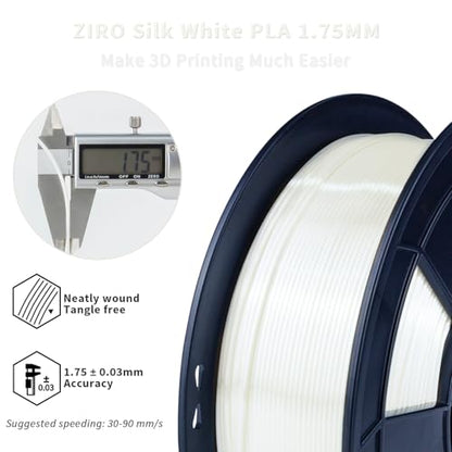 ZIRO Silk PLA Filament, 1.75mm 1KG Spool, Accuracy +/- 0.03mm, White - color: Silky-white