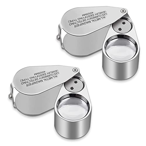 2 Pack 40X Full Metal Illuminated Jewelry Loop Magnifier, XYK Pocket Folding Magnifying Glass Jewelers Eye Loupe with LED(LED Currency Detecting/Jewelry Identifying) - size: 2