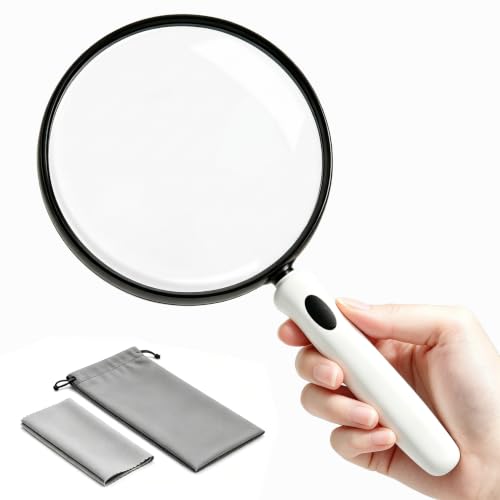 10X Large Magnifying Glass for Reading, Handheld Magnifier with 5.12-Inch Shatterproof Lens, Non-Slip Soft Handle for Seniors, Close Work, Books, Hobbies and Nature Exploration(White) - color: White