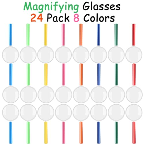 Elcoho 24 Pack Colorful Magnifying Glasses with 8 Colors Plastic 3X Magnifying Glasses Party Favors Gifts for Young People Reading