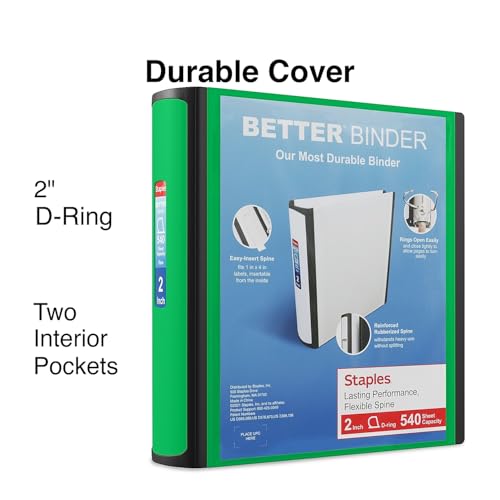 Staples Heavy-Duty 2-Inch D-Ring Binder, Green, Holds 540 Sheets - color: Green, size: 2-Inch