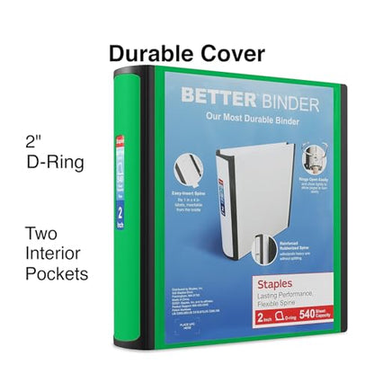 Staples Heavy-Duty 2-Inch D-Ring Binder, Green, Holds 540 Sheets - color: Green, size: 2-Inch