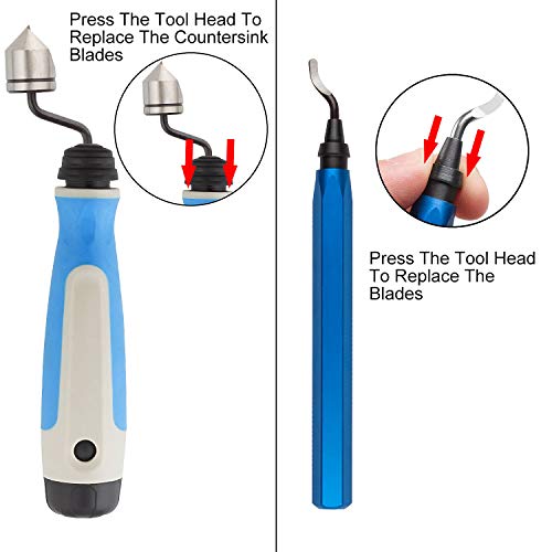 Acrux7 Hand Deburring Tool Kit, 10pcs Rotary Deburr Blades + 1pcs Countersink Blade with Aluminum and Silicone Handle, Great Burr Remover Hand Tool for Wood, Plastic, Aluminum, Copper and Steel