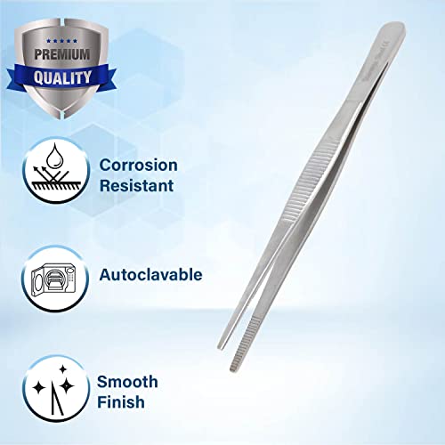 Precision Blunt Serrated Tips Stainless Steel Thumb Forceps Tweezers 5.5" (14 cm), Comfortable Ridged Handle