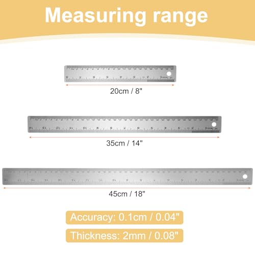 HARFINGTON 3pcs Stainless Steel Metal Ruler 20/35/45cm Straight Edges with Cork Backing Non-Slip Inch Metric Metal Ruler for Classroom Office Home Engineering Drafting Tools - size: 20/35/45cm