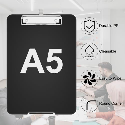 Hongri A5 Clipboard with Storage, Metal Retractable Pen Holder, Black - color: Black