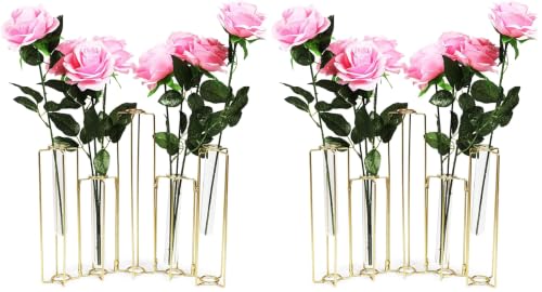 Juvale 12-Pack Metal Hinged Bud Vases Stand - 14 x 11.8 in, Gold, Modern - Lantern Centerpieces, Tulipiere & Flower Stick Holder with Metal & Glass Test Tube Floral Vases - size: 14 x 2 x 11.8 inches (Pack of 2)