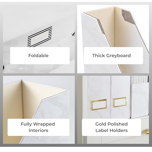 BLU MONACO Set of 4 Magazine Holders | White Marble Design with Gold Label Holders | Foldable File Organizer Boxes for Desk, Office & Classroom | Stylish Paper & Magazine Storage - color: White Gold Marble
