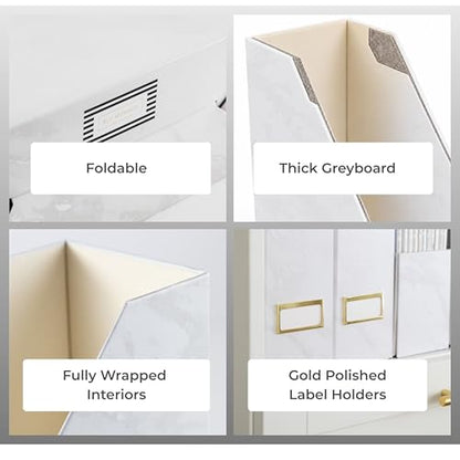 BLU MONACO Set of 4 Magazine Holders | White Marble Design with Gold Label Holders | Foldable File Organizer Boxes for Desk, Office & Classroom | Stylish Paper & Magazine Storage - color: White Gold Marble