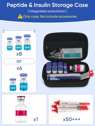 Peptide Case for Fridge & Travel, Dual 3ml 10ml 30ml Vial Case Organizer for BAC Water for Peptides, 8+1 Slots Injection Travel Kit with Room for Syringes & Skin Prep Wipes - color: Black