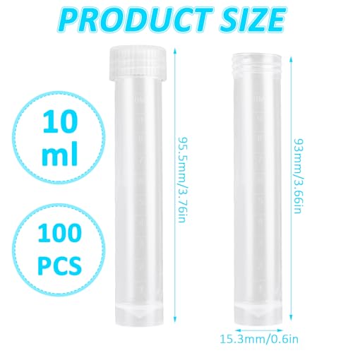 100PCS 10ml Clear Plastic Test Tubes with Caps, Sample Frozened Test Tubes Vials Seal Cap Container for Laboratory School Scientific Experiments, Liquid Storage