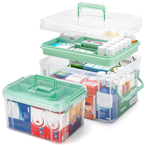 2 Pack Clear Medicine Organizer Storage Box with Handle & Tray - Thickened Plastic Empty First Aid Box, Multipurpose Medical Container with Lids/Labels, Medication Caddy for Home, Baby, Elderly, Dorm - size: 2 PACK