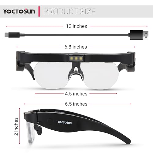 YOCTOSUN Magnifying Headset with 3 LED Lights, Storage Case, Head Strap and 4 Detachable Lense 1.5X, 2.5X, 3.5X, 5X, Magnifying Glasses for Close Work, Jewelry, Hobby, Crafts