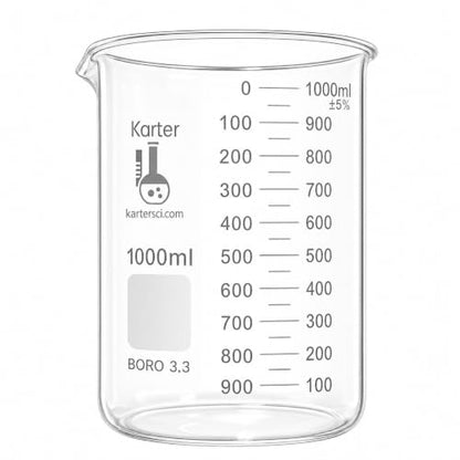1000ml Beaker, Low Form Griffin, Boro. 3.3 Glass, Double Scale, Graduated, Karter Scientific 213D27 (Single) - size: 1L, style: Pack of 1
