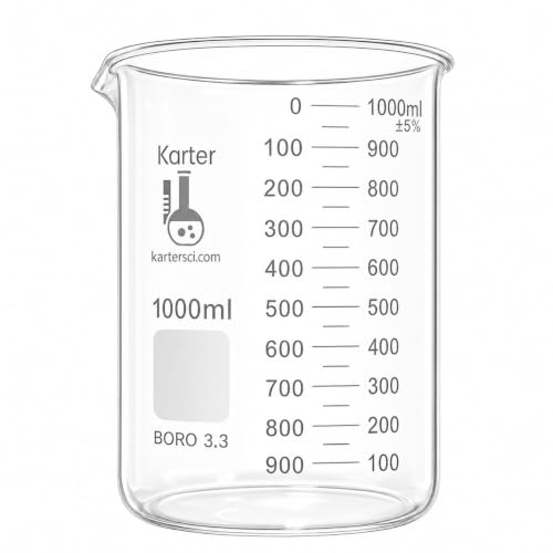 1000ml Beaker, Low Form Griffin, Boro. 3.3 Glass, Double Scale, Graduated, Karter Scientific 213D27 (Single) - size: 1L, style: Pack of 1