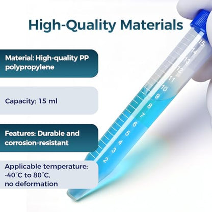 100Pack 15ml Centrifuge Tubes with Screw Cap, Sterile Plastic Conical Test Tube, with Graduated Marks and Writing Area Non-Pyrogenic, DN/RNase Free for Lab - size: 15ML-100PACK