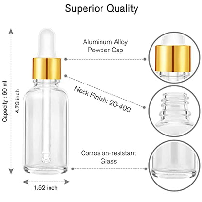 PrettyCare Glass Eye Dropper Bottle 2oz (60ml), 24 Pcs Clear Empty Thick Bottles Bulk with Leakproof Golden Caps - With Labels & Funnels for for Storage, Travel,Essential Oils, DIY Serums, Tincture - color: 2oz Clear, style: 24 Pack