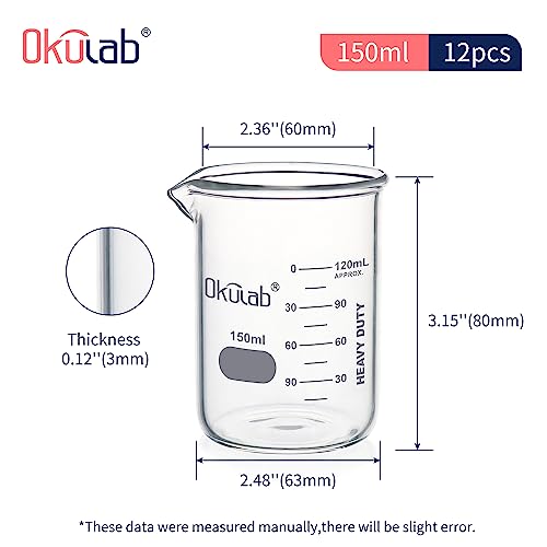 Glass Beakers, Heavy Duty, with Double Scale Printed Graduation. 12pcs of Vol.150ml, HBKG150C12 - style: 12pcs of 150ml