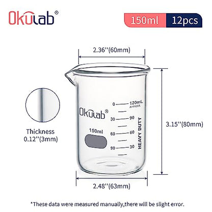 Glass Beakers, Heavy Duty, with Double Scale Printed Graduation. 12pcs of Vol.150ml, HBKG150C12 - style: 12pcs of 150ml