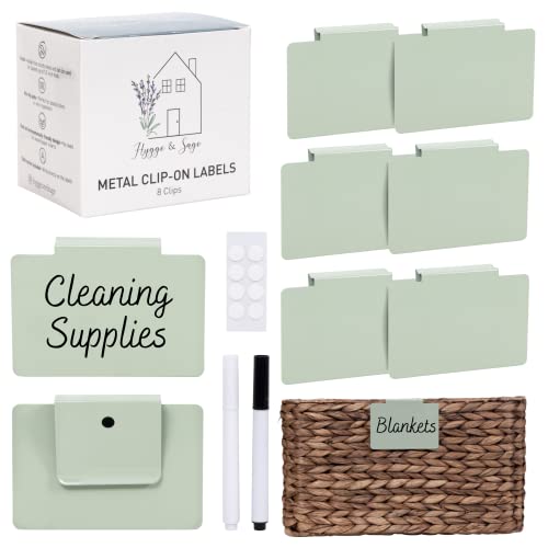 Hygge & Sage: Metal Non-Slip Basket Labels Clip On for Storage Bins, or Wire Racks | Includes 8 Labels, 8 Non-Slip Pads, and 2 Free Markers (Sage Green) - color: Sage Green