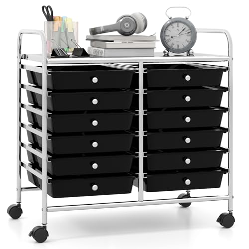 Giantex 12 Drawers Rolling Cart, Mobile Storage Drawer Cart, Classroom Organizer Cart for Office School Supplies Tools Scrapbook Paper Craft Small Printer, Utility Cart on Wheels, Black - color: Black, size: 12 Drawer-25”x15”x24.5”