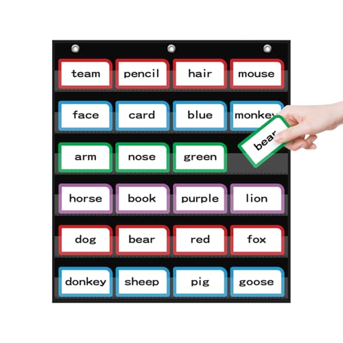 ANCOMEDO 20”W x 25”H Classroom Words Pocket Chart with 6 Clear Pockets, Black Standard Pocket Chart for Classroom and Home for Sentence Strips, Reusable Clear Pocket Hanging Words Chart (Black) - size: 20Wx25H