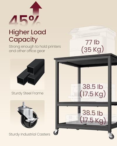 VASAGLE 3-Tier Printer Stand with Locking Wheels, Under Desk Printer Table - color: Ebony Black, size: 3 Tiers/Large