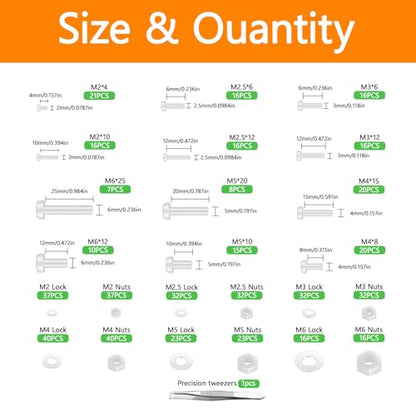 500 Pcs White Nylon Plastic Pan Round Head Screws Bolts and Nuts and Gaskets Metric Full Threaded Hex Head Screws Bolts and Nuts and Washers Assortment Set - M2/M2.5/M3/M4/M5/M6 (Pack of 2) - size: M2,M2.5,M3,M4,M5,M6 (Pack of 2)