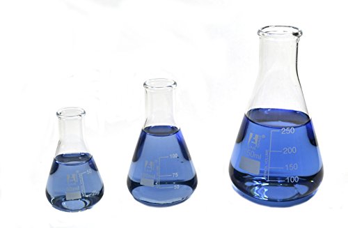 EISCO Erlenmeyer Flasks Set, 3 Pieces - 50ml, 100ml & 250ml - Borosilicate Glass - Narrow Neck, Conical Shape - White Graduations