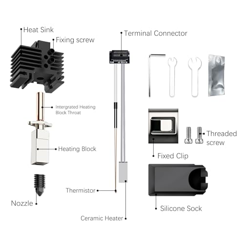 Bamboo Lab P1P, P1S Hotend Kit for P1 Series 3D Printer, Full Assembly Hardened Steel Hotend with Thermistor, Ceramic Heater, 0.4mm Nozzle, Includes Two Hardened Steel Replacement nozzles.