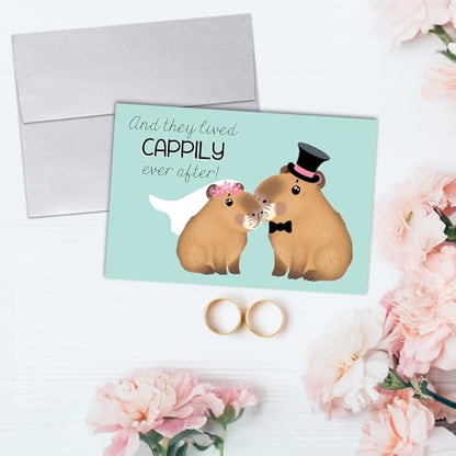 Amanda Creation Capybara Wedding Card, 4x6 Blank Inside with Silver Envelope, Funny Wedding Card for Newlyweds, Cappily Ever After - style: Capybara