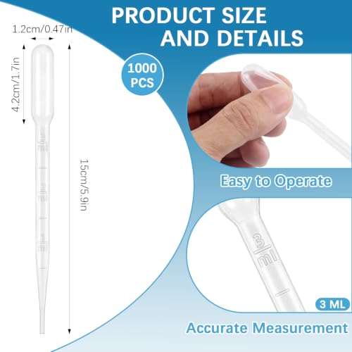 1000 Pcs Plastic Transfer Pipettes Disposable Graduated Pipettes for Scientific Experiment, Essential Oils, Make up Tool (3 ml)