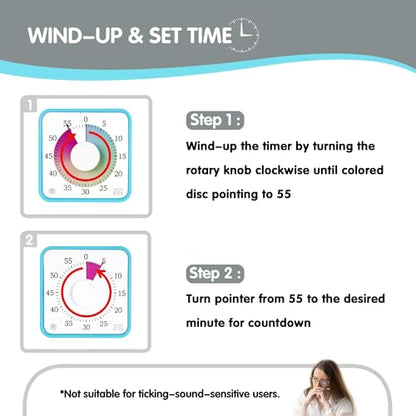 TWENTY5 SEVEN 7.5-Inch Visual Timer, Battery-Free 60-Minute Countdown Clock - color: Sky Blue/Colorful With White Knob