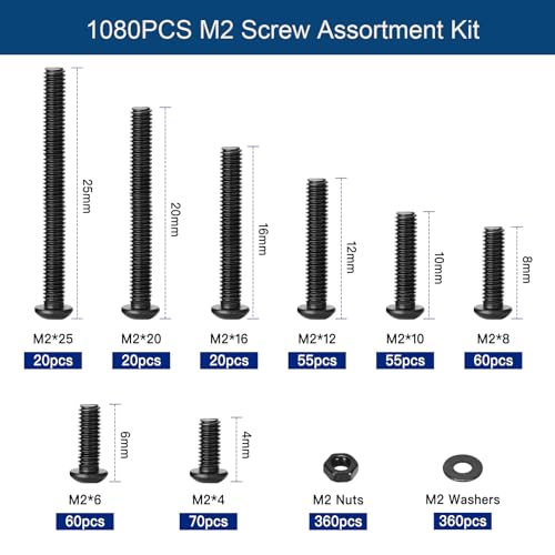 1080PCS M2 Screw Assortment Kit, M2x4/6/8/10/12/16/20/25mm M2 Screw Kits - size: M2