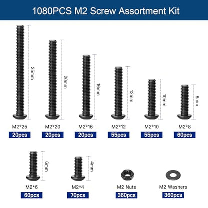 1080PCS M2 Screw Assortment Kit, M2x4/6/8/10/12/16/20/25mm M2 Screw Kits - size: M2
