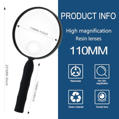 Feosky Handheld Magnifier for Reading,10X Magnifying Glass,110mm(Black) - size: 110mm