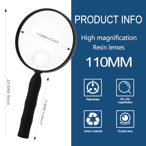Feosky Handheld Magnifier for Reading,10X Magnifying Glass,110mm(Black) - size: 110mm