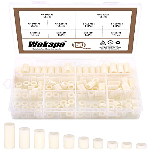 150Pcs Nylon Round Spacer Standoff Screw Nut Assortment Kit, Nylon Flat Washer 3mm 4mm 5mm 8mm 10mm 12mm 15mm 18mm 20mm 25mm for M6 Screws Prototyping