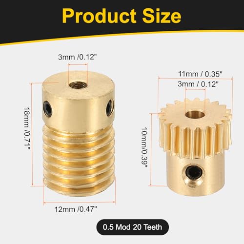uxcell Worm Gear Set 20T 0.5 Module 20:1 Reduction Rate, Right Rotation Drive Gear Box Wheel Reduce Transmission Part (Brass Gear-3mm Bore, Brass Rod 3mm Bore) - size: Gear-3mm, Rod-3mm Bore, style: 0.5M-20T