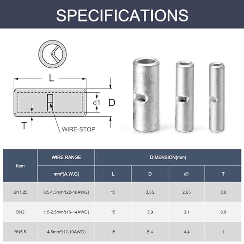 Chanzon 250pcs Non Insulated Butt Connectors Kit 22-18,16-14,12-10AWG - size: 22-18, 16-14, 12-10 Gauge