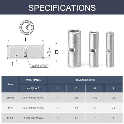 Chanzon 250pcs Non Insulated Butt Connectors Kit 22-18,16-14,12-10AWG - size: 22-18, 16-14, 12-10 Gauge