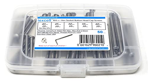 iexcell 50 Pcs M4 x 40/45/50/55/60 Stainless Steel 304 Hex Socket Button Head Cap Screws Bolts Assortment Kit - size: M4 x 40/45/50/55/60mm
