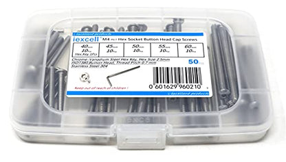 iexcell 50 Pcs M4 x 40/45/50/55/60 Stainless Steel 304 Hex Socket Button Head Cap Screws Bolts Assortment Kit - size: M4 x 40/45/50/55/60mm