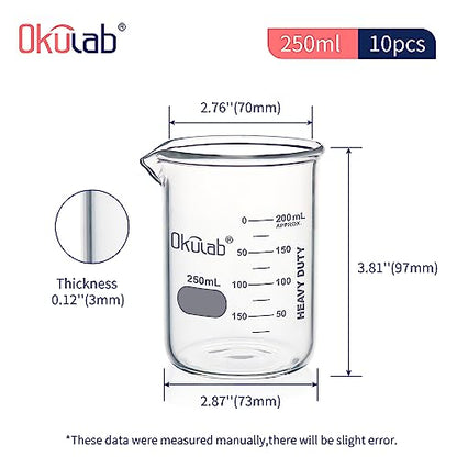 Glass Beakers, Heavy Duty, with Double Scale Printed Graduation. 10pcs of Vol.250ml, HBKG250B10 - style: 10pcs of 250ml