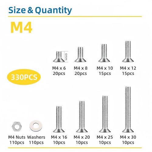 330 Pcs M4 Screws Assortment Kit, M4x6mm/8mm/10mm/12mm/16mm/20mm/25mm/30mm, Metric Hex Flat Head Countersunk Screws Nuts Washers Kit with Wrench, 304 Stainless Steel - size: M4 330Pcs